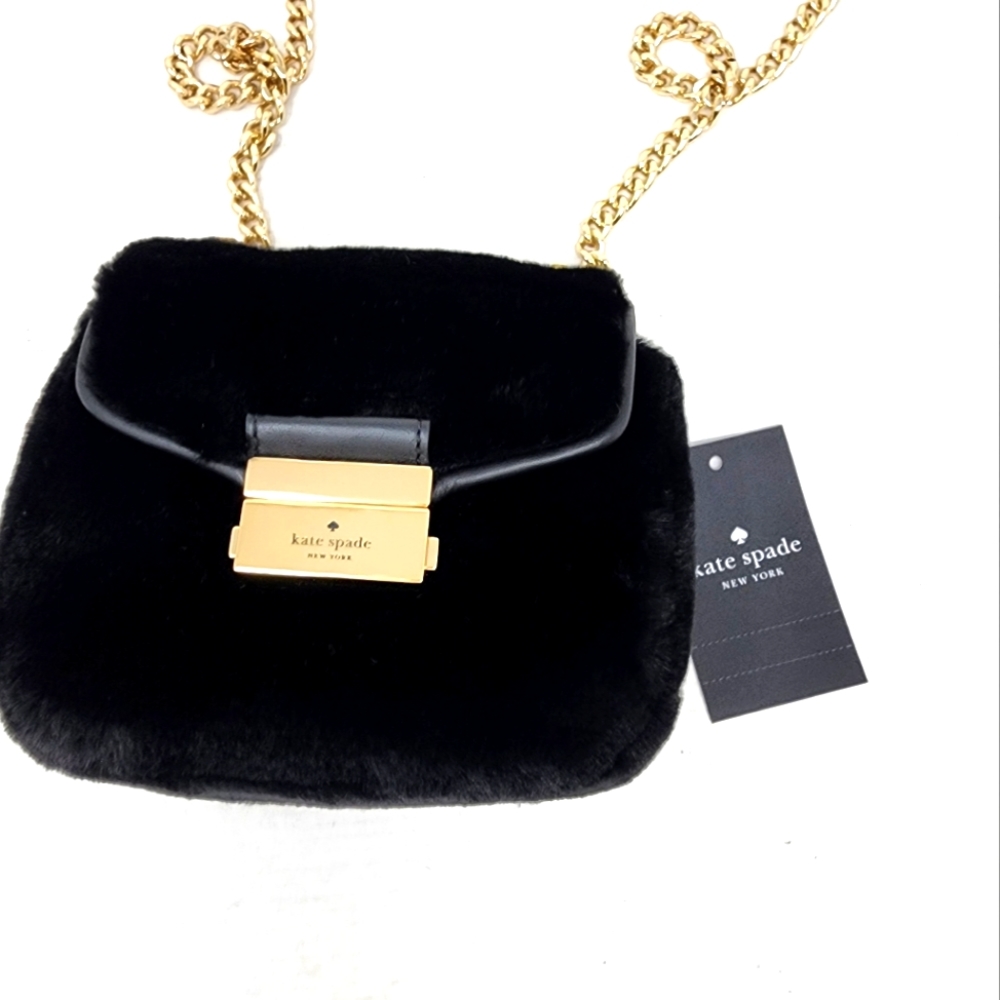 Kate Spade New Black‎ Fur Bag Evening Faux Fur Micro Bag Gold Chain Crossbody